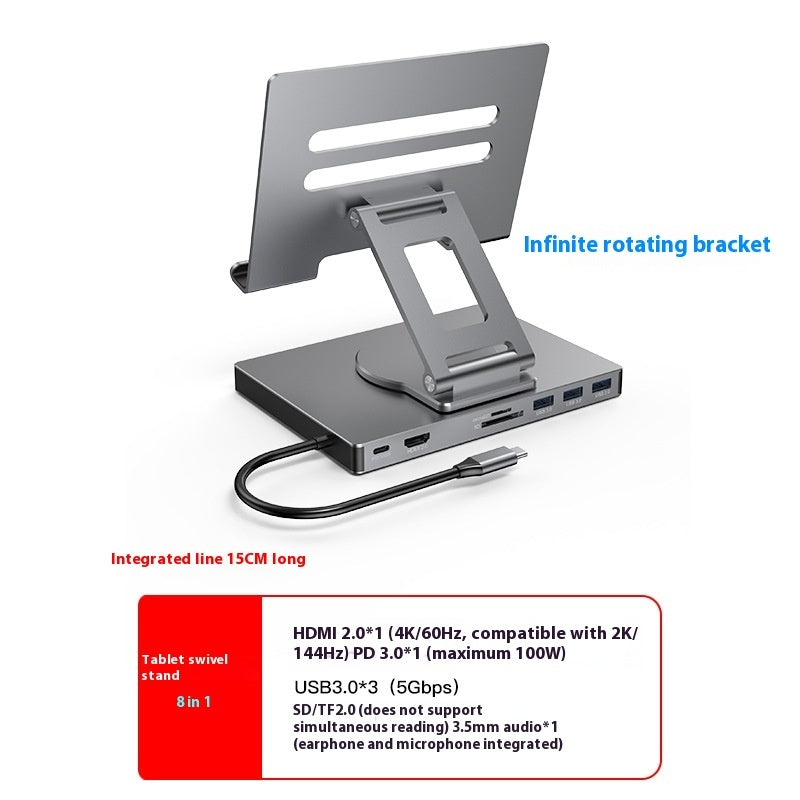 Flat Rotating Bracket Type-c Extension Converter, Docking station Rotating Tablet Bracket 8in1 Docking Station accessories adapter converter docking station electronics ipad iPhone Laptop Laptops and Tablets mobile phone multi ports tablets