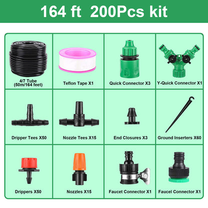 Garden Drip Irrigation Kit,164FT Greenhouse Micro Automatic Drip Irrigation System Kit With Blank Distribution Tubing Hose Adjustable Patio Misting Nozzle Emitters Sprinkler Barb Water Devices drip irrigation drip system garden tool garden water drip home