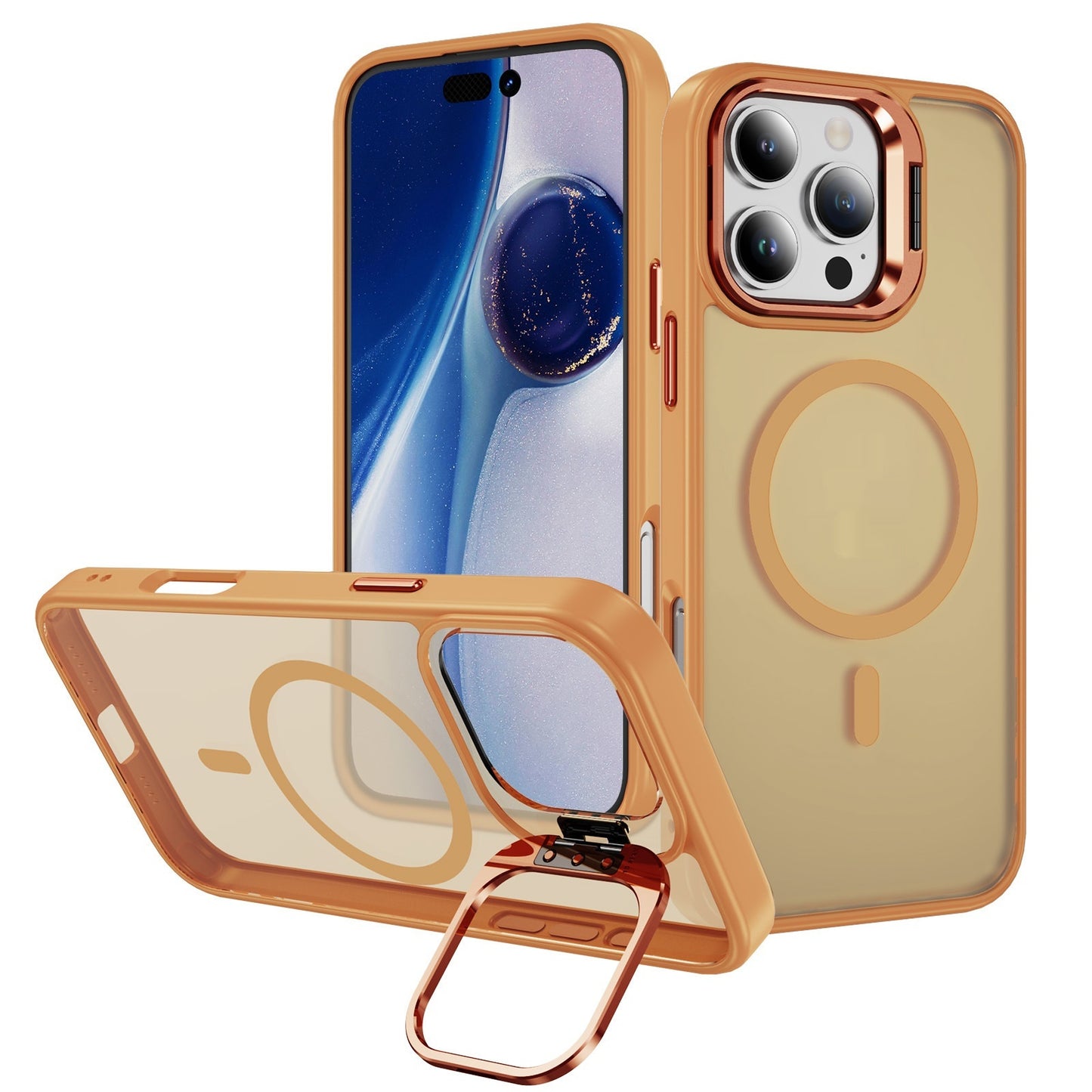 Magnetic Phone Case Lens Bracket Phone Case Coral Orange iPhone cases brand new iPhone case megsafe metallic plastic stand stylish {{ product_collections }} {{ product_description }}