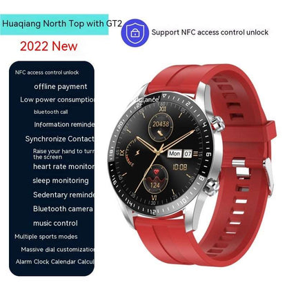 Smart Watch NFC Access Control Bluetooth Calling Silver Watch Red Sticky Tape Smart Watches bluetooth calling electronics health tracking NFC selfie mode smart watch water proof