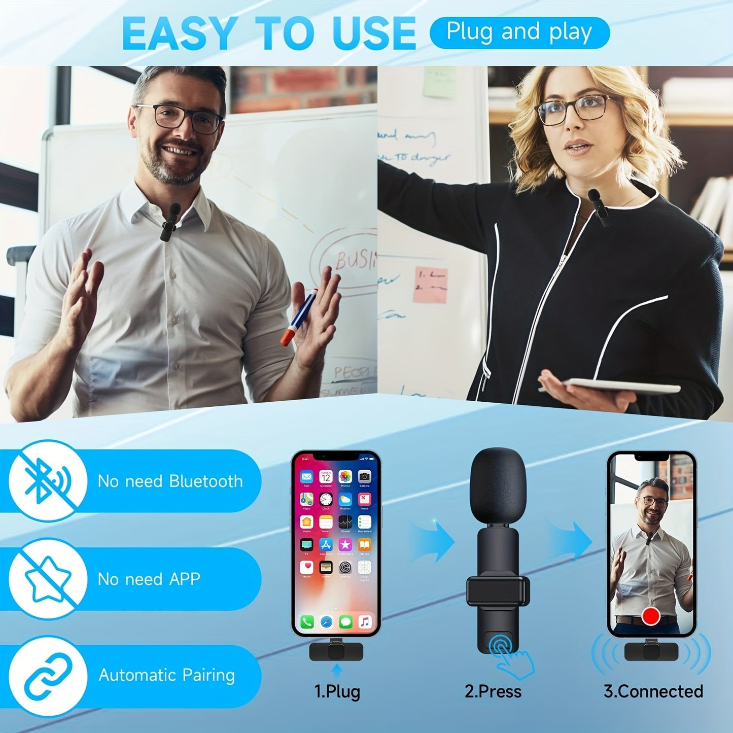 Wireless Lavalier Lapel Microphone For IPhone IPad Professional Wireless Clip Mic - Cordless Omnidirectional Condenser Recording Mic For Interview Video Podcast Vlog YouTube Microphones audio audio devices blogging bluetooth cable micro phone computer accessories electronics gaming gaming microphone microphones online meeting