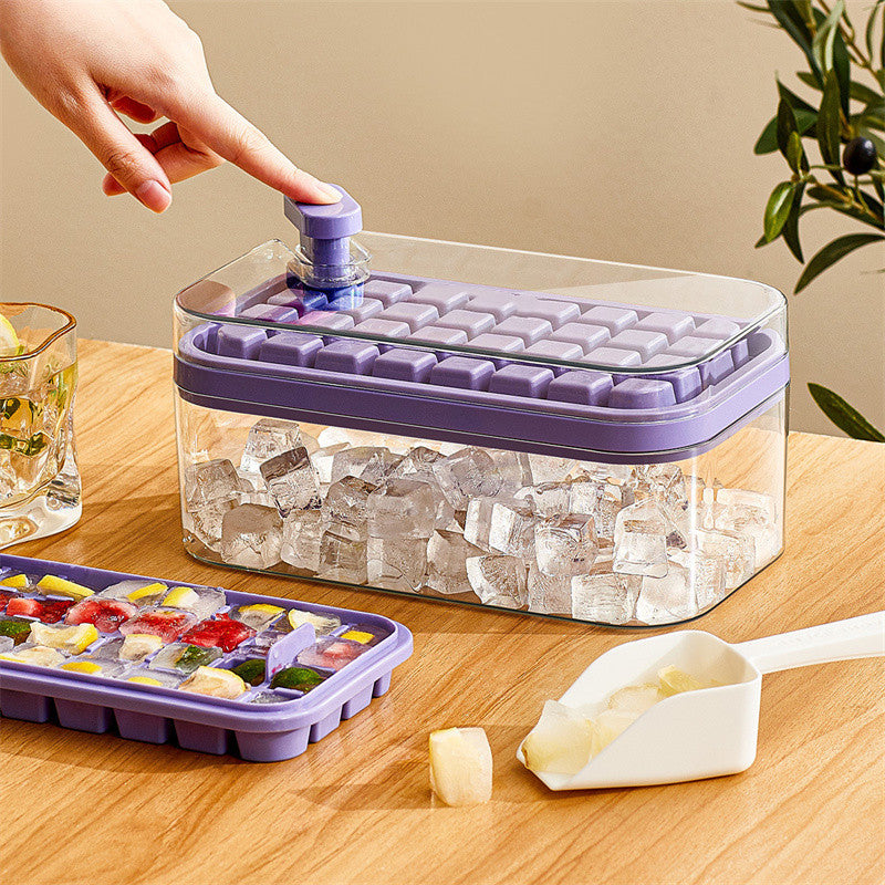 One-button Press Type Ice Mold Box Plastics Ice Cube Maker Ice Tray Mold With Storage Box With Lid Bar Kitchen Accessories Purple Set Single Layer Ice Cube Trays beat the heat ice cube tray One Touch Release