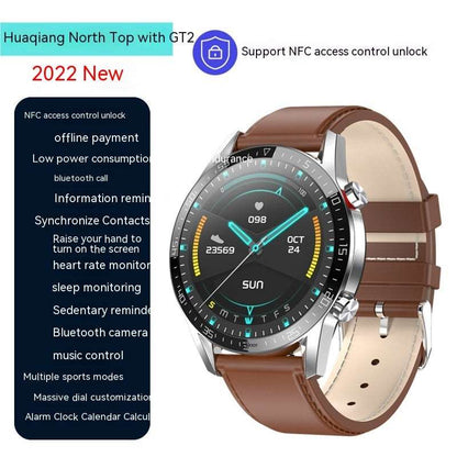 Smart Watch NFC Access Control Bluetooth Calling Silver Watch Brown Belt Smart Watches bluetooth calling electronics health tracking NFC selfie mode smart watch water proof