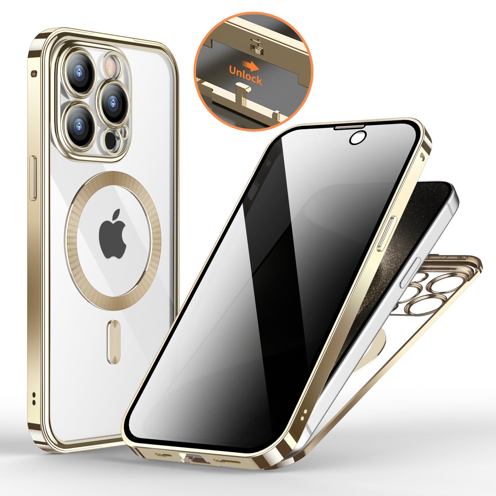 Anti-Privacy Metal Buckle Magnetic Support Wireless Charging Double-Sided Lens Full Cover Phone Case Protective Cover Gold Mobile Phone Cover & Protectors electronics iPhone mobile mobile cover mobile protector privacy protector privacy screen