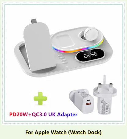 30W LED 4 in 1 Wireless Charger Dock | Fast Charging | RGB Lighting White Apple UK Plug 228*142*27.8mm 30w apple charger dock charging dock charging pads charging station iphone led magnetic magsafe mobile New arrival phone portable table wireless charger {{ product_collections }} {{ product_description }}