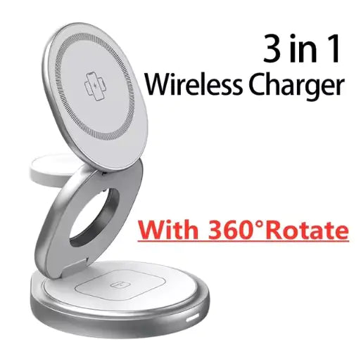 3-in-1 360° Rotation Wireless Charger | Fast Charging | Sleek & Foldable Design Wireless Chargers 3 in 1 air pods airpods apple watch charging pads charging stands fast charging iphone magnetic magsafe wireless charger {{ product_collections }} {{ product_description }}