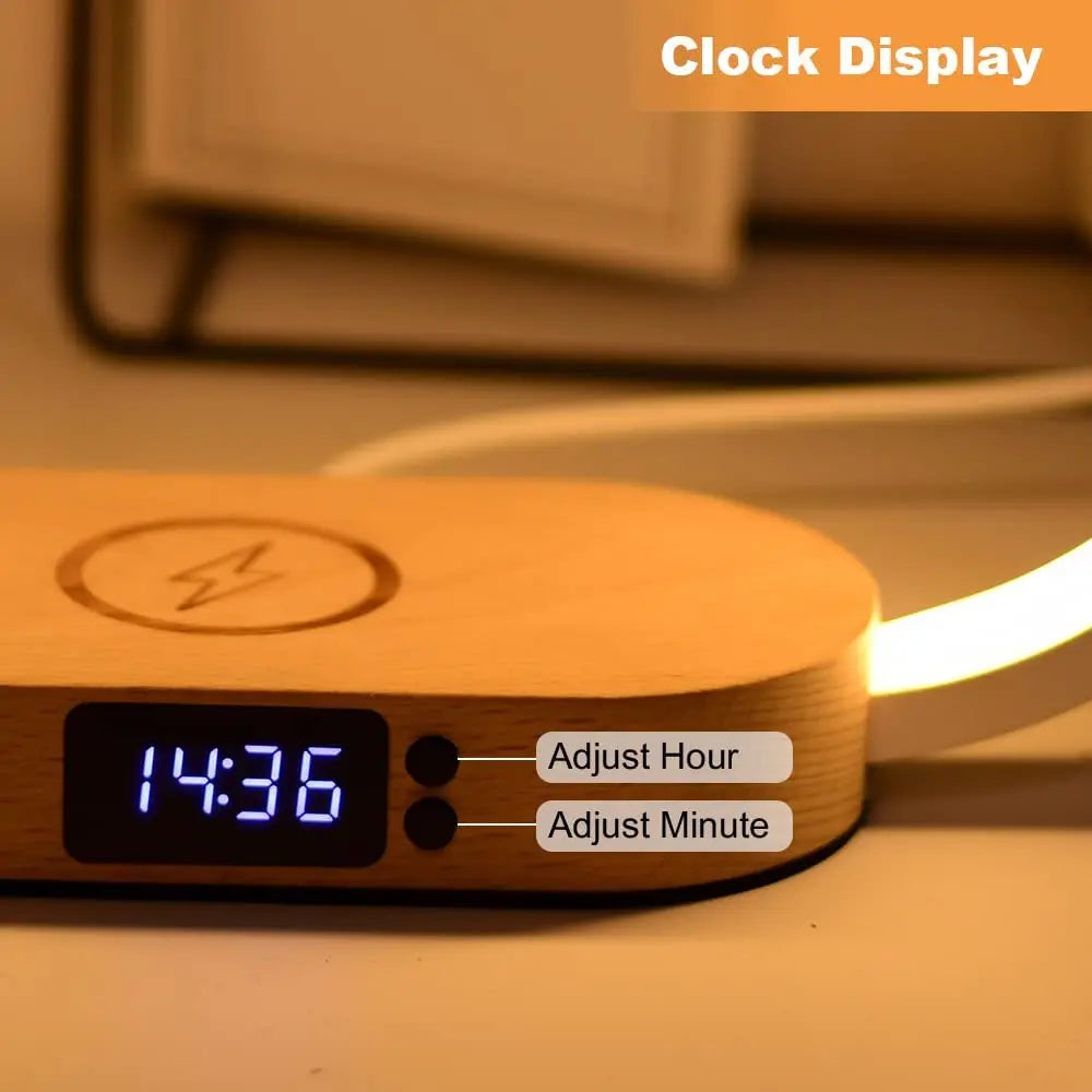 Versatile Wooden Lamp with Wireless Charger | Stepless Dimming | Built-In Clock Wireless Chargers 3 in 1 apple clock digital elegant fast charger iphone led lamp magsafe muti purpose New arrival table lamp wireless charger {{ product_collections }} {{ product_description }}