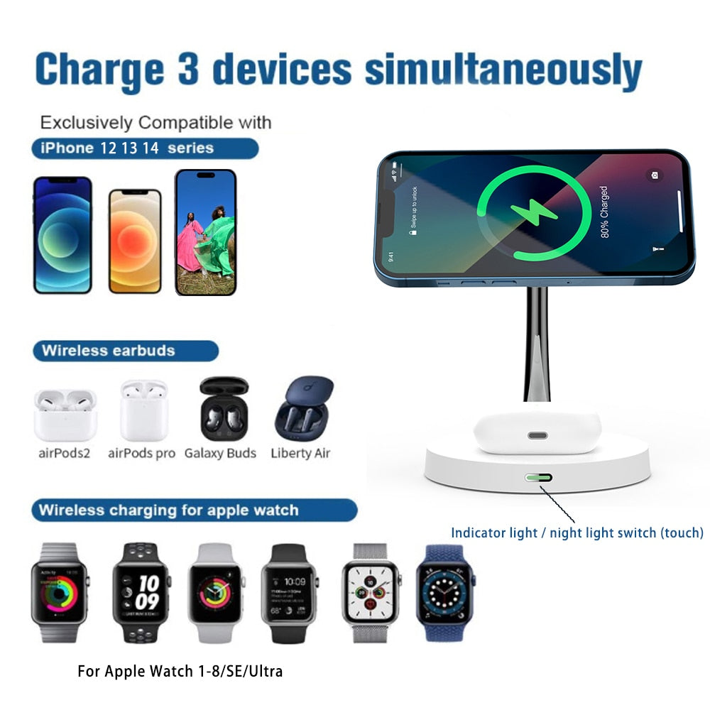 Magnetic Wireless Charger for iPhone | Fast Charging | Convenient & Portable Wireless Chargers 3 in 1 air pods air poods airpods apple apple watch charging pads charging station iphone magnetic New arrival wireless charger {{ product_collections }} {{ product_description }}